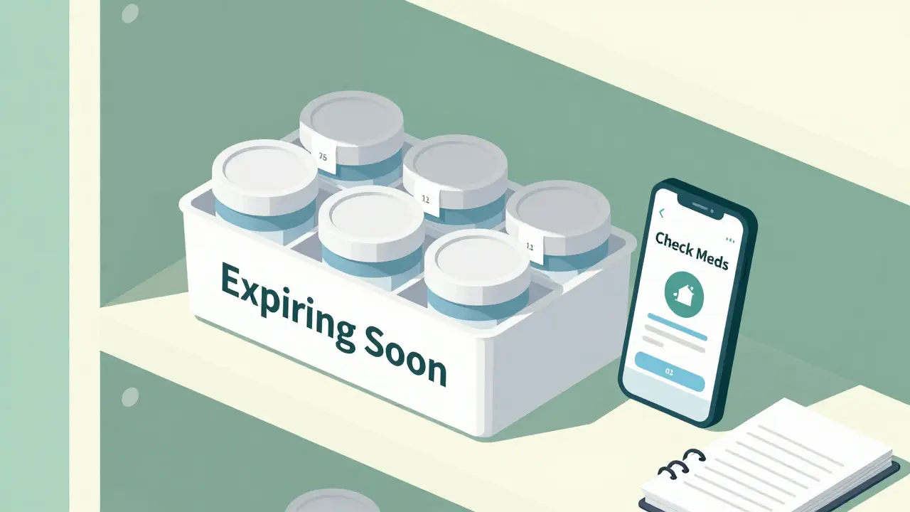 Organized closet shelf with medicine bins sorted by expiration date and a phone reminder visible.