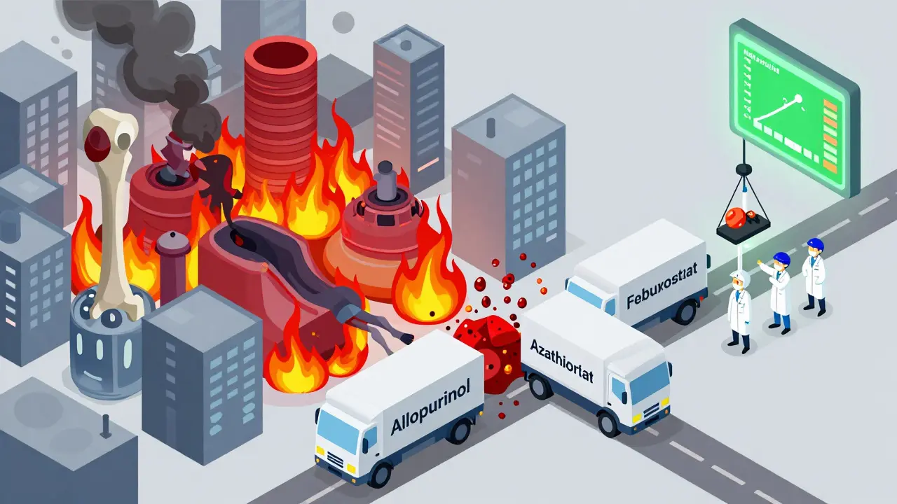 Patient's body as a city under siege, with toxic drug crash and safe febuxostat delivery rescuing bone marrow.