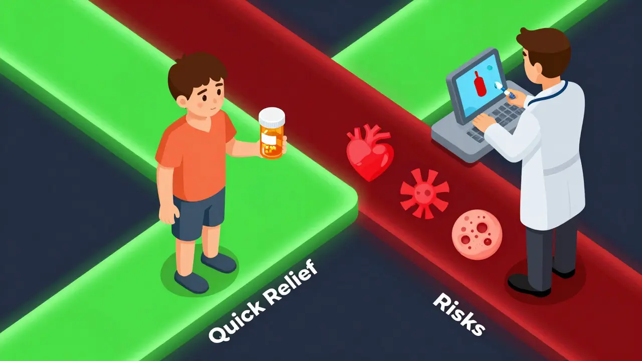 Patient choosing between benefits and risks of JAK inhibitors with visual pathways.