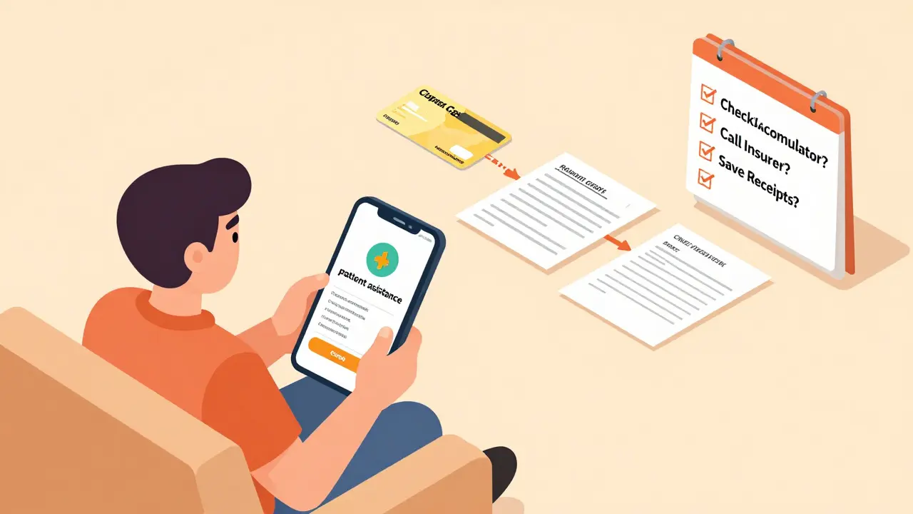 Patient exploring financial aid options after copay card expires, with doctor's note and nonprofit grant nearby.