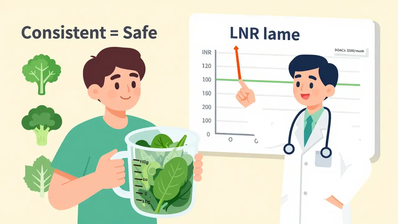 Patient measuring spinach daily while doctor shows stable INR chart, with high-cost alternatives fading in background.