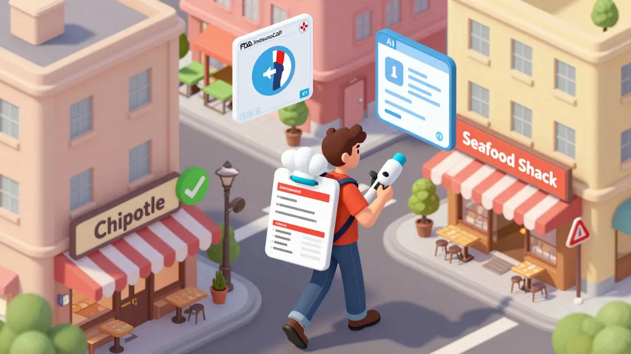 Person carrying allergy safety items walking past restaurants, one marked safe and another warned.