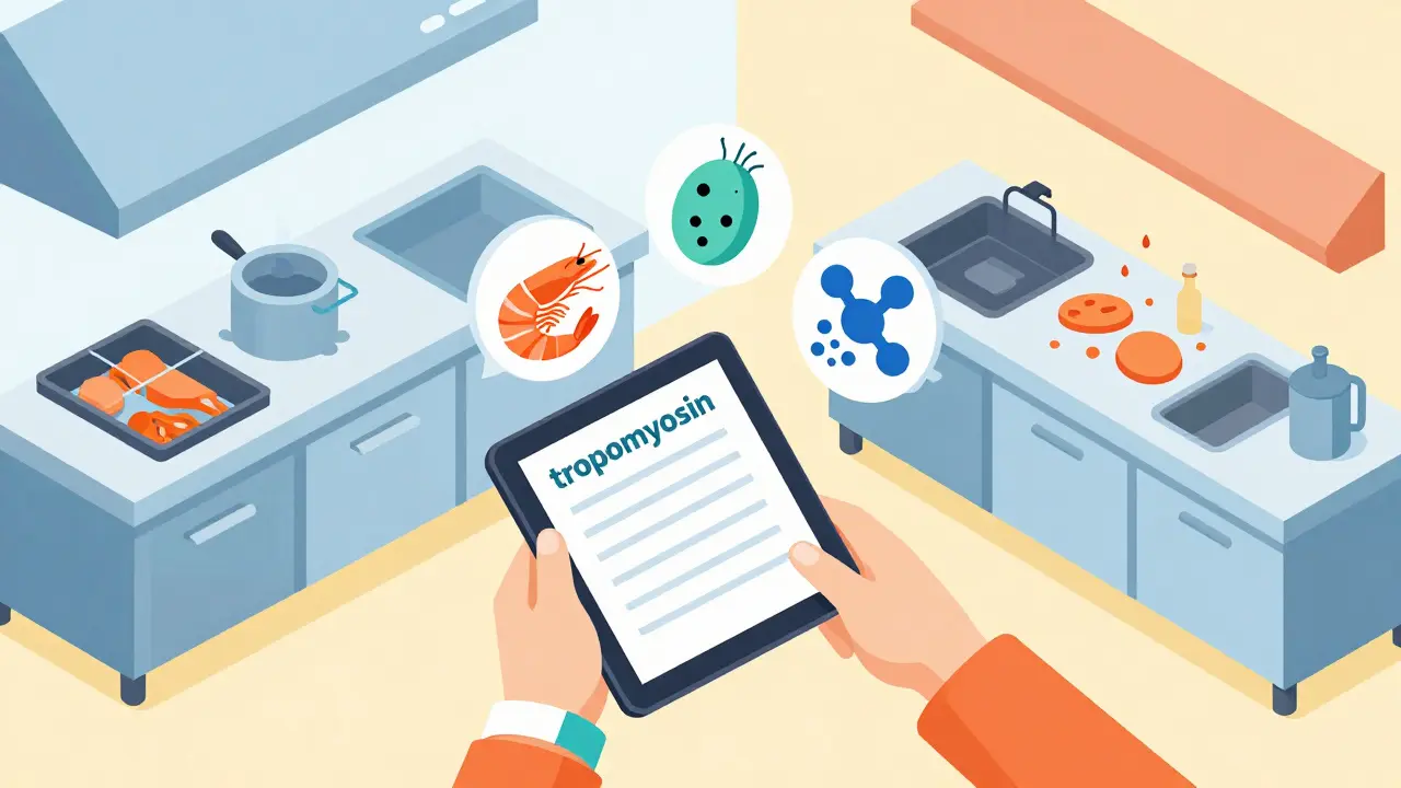 Person checking a digital menu with icons showing shellfish protein and dust mite cross-reactivity.