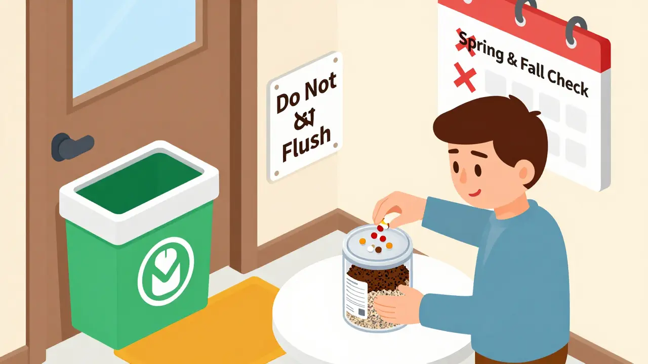 Person disposing of expired pills in a sealed container with coffee grounds near a drug take-back bin.