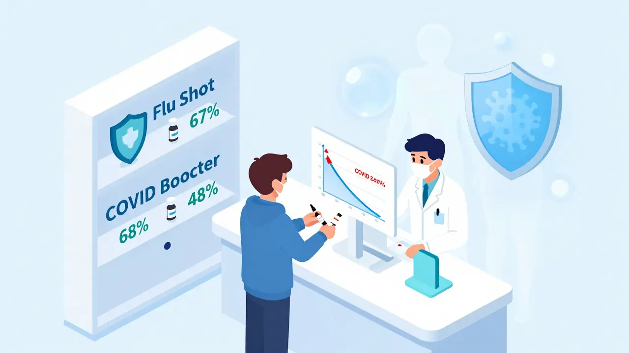 Pharmacy counter showing flu and COVID-19 vaccines side by side, with a person receiving both and a protective bubble graph.