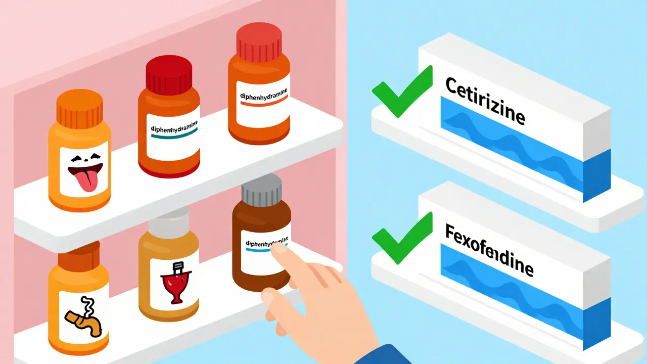 Pharmacy shelf comparing old and new antihistamines with warning symbols versus safety checkmarks.
