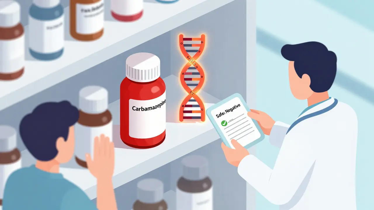 Pharmacy shelf with red-labeled carbamazepine next to glowing HLA-B*15:02 DNA, doctor holding safe test result.