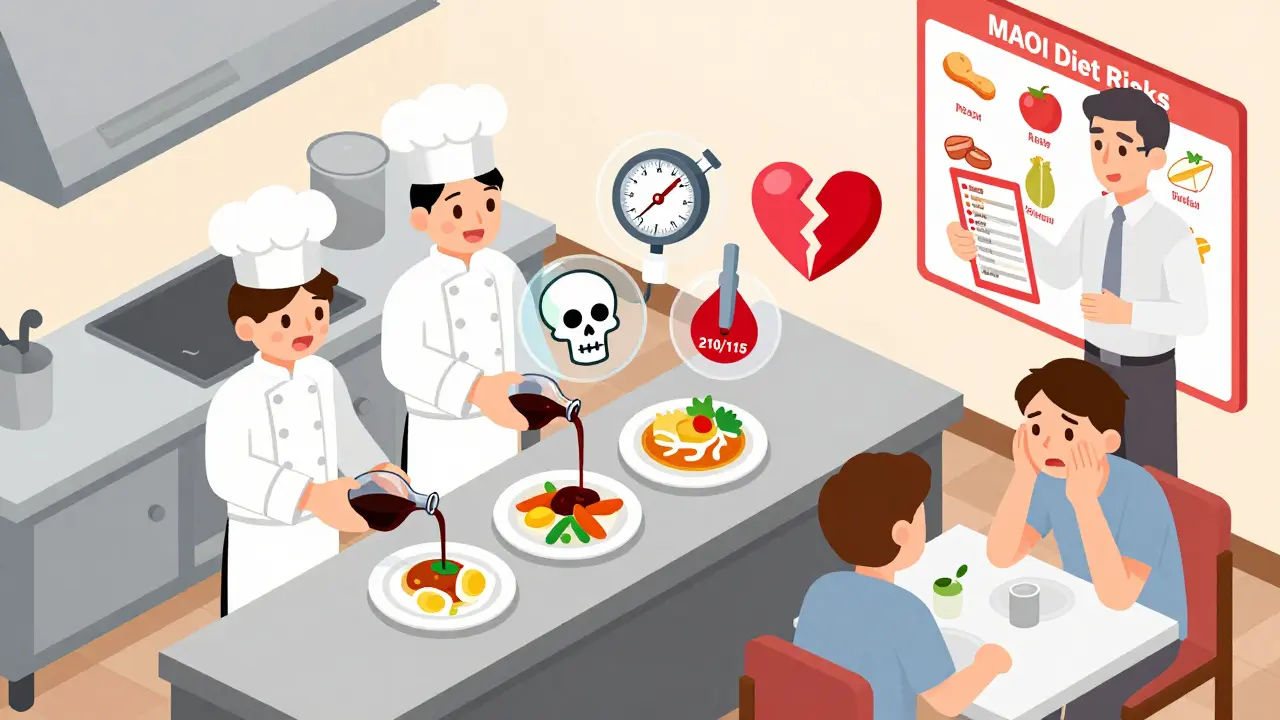 Restaurant kitchen scene with chefs adding hidden tyramine-rich sauces while a patient waits anxiously.