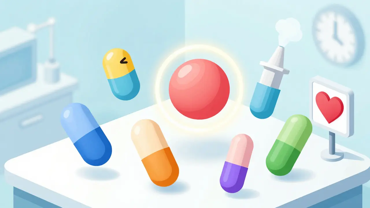 Seven different triptan medications shown in isometric view with unique visual traits representing their effects and durations.