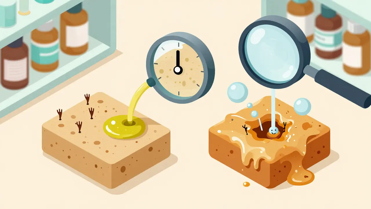 Side-by-side isometric view of dry vs. sticky earwax being treated with oil and carbamide peroxide.