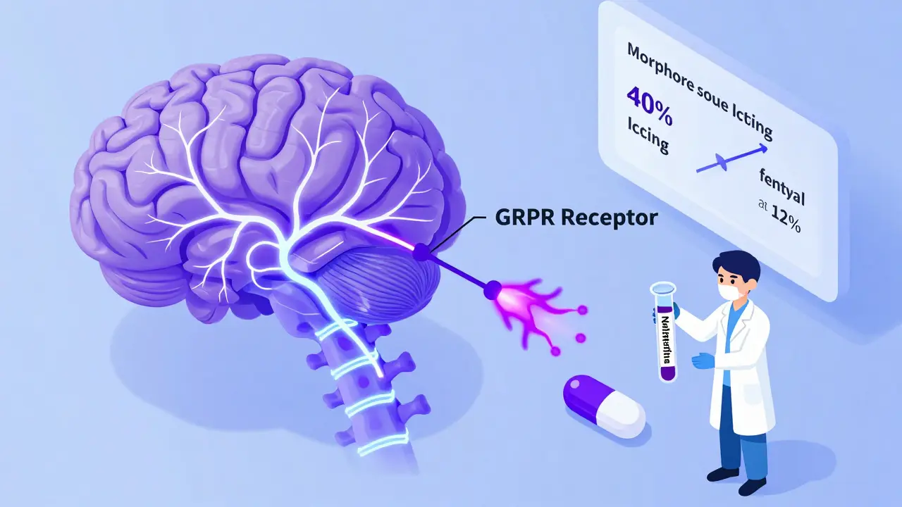 Spine with GRPR nerve signals causing itch, blocked by nalfurafine, compared to opioid itch rates in isometric style