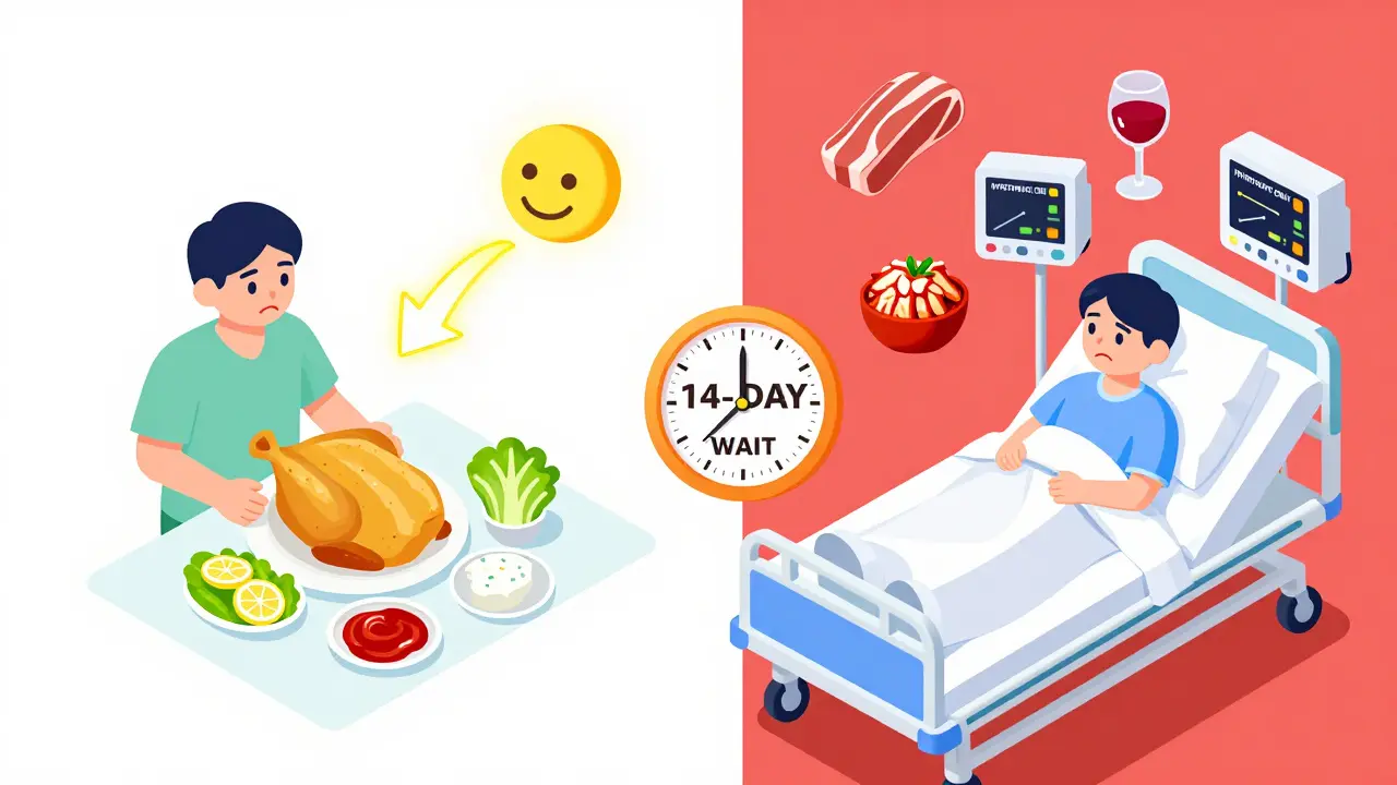 Split scene: safe meal on left, hypertensive crisis on right, with a 14-day countdown clock in center.