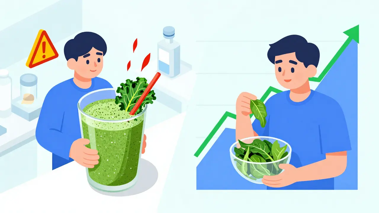 Split scene showing chaotic INR spike from too many greens versus steady levels with consistent intake.
