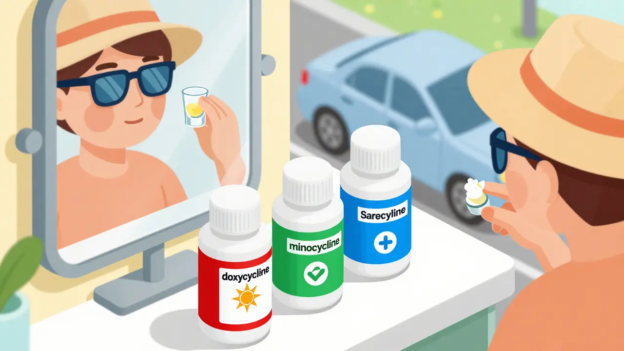 Three antibiotic bottles compared with sunscreen and protective gear, showing risk levels.