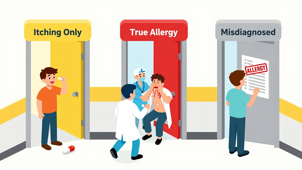 Three hospital doors showing pseudoallergy, true allergy, and misdiagnosis in isometric medical illustration