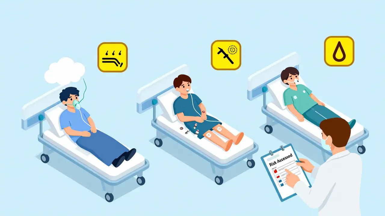 Three patients in isometric hospital rooms showing different opioid risk signs, with a pharmacist reviewing dosages.