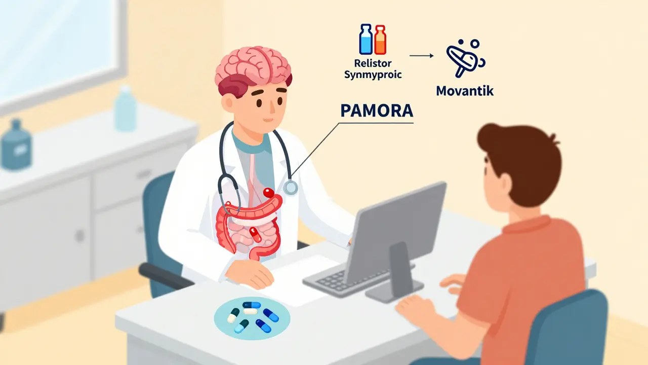 Transparent torso showing opioids affecting gut but PAMORAs blocking only gut receptors