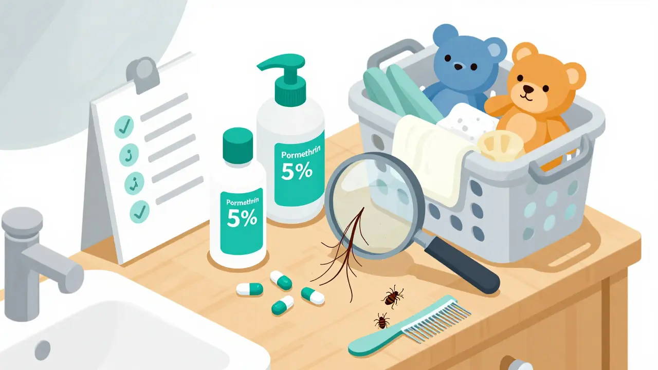 A bathroom counter with scabies and lice treatments, a magnifying glass over hair with nits, and laundry items nearby.