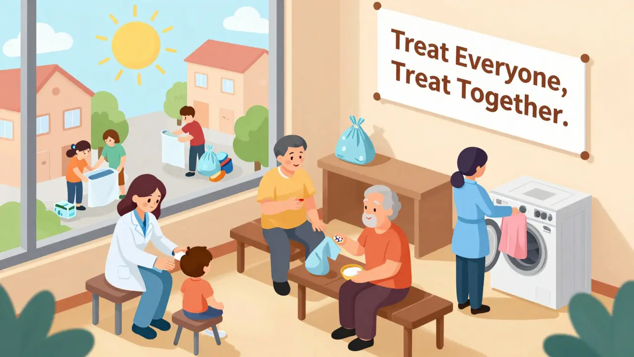 A community health center where multiple families are being treated, with clothes being washed and dried in the background.