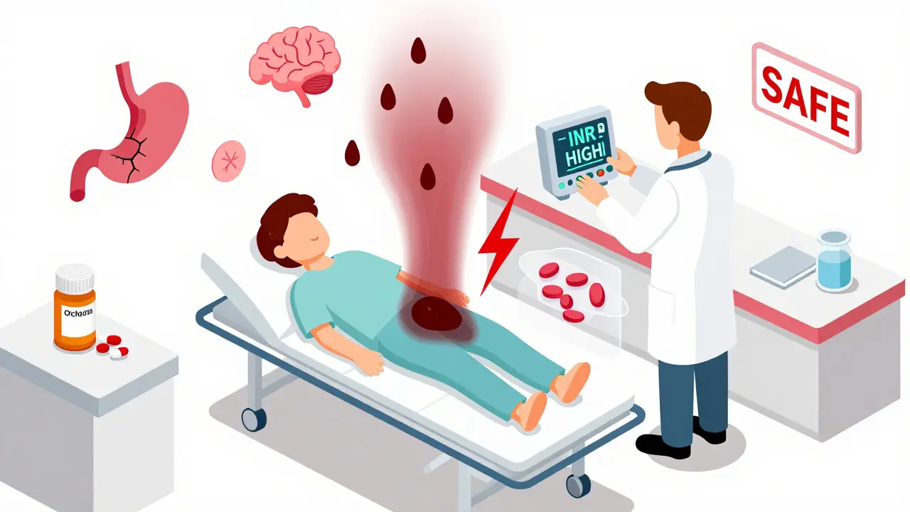 A patient in an ER with dark stool rising from beneath, INR monitor flashing high, NSAID and warfarin bottles nearby.