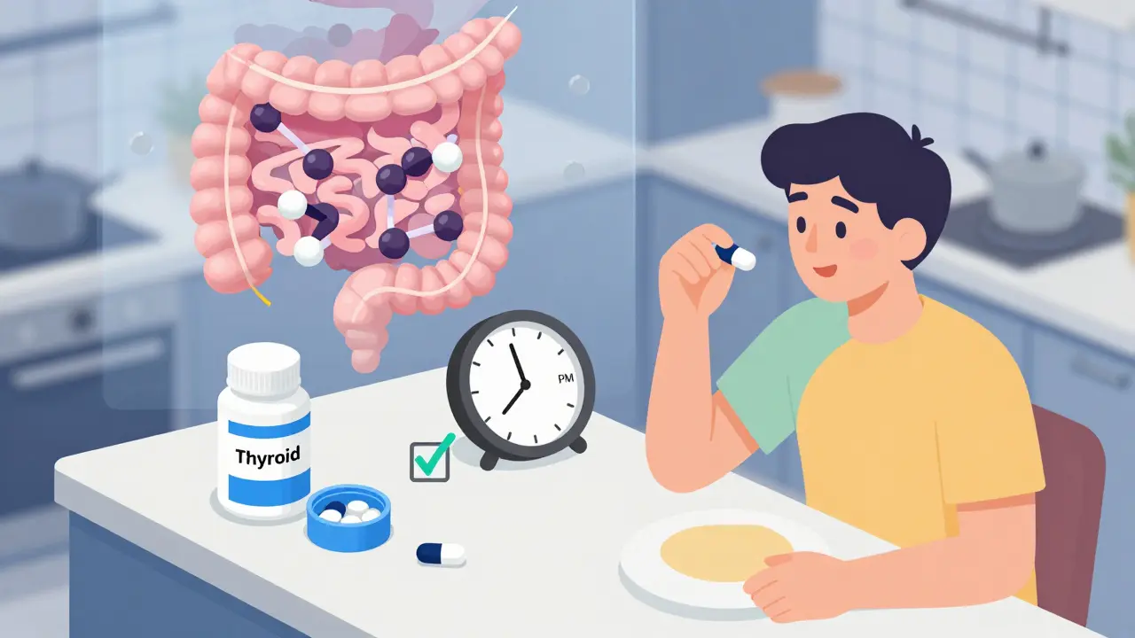 A person takes magnesium at dinner while a labeled thyroid pill organizer remains empty, showing proper spacing for absorption.