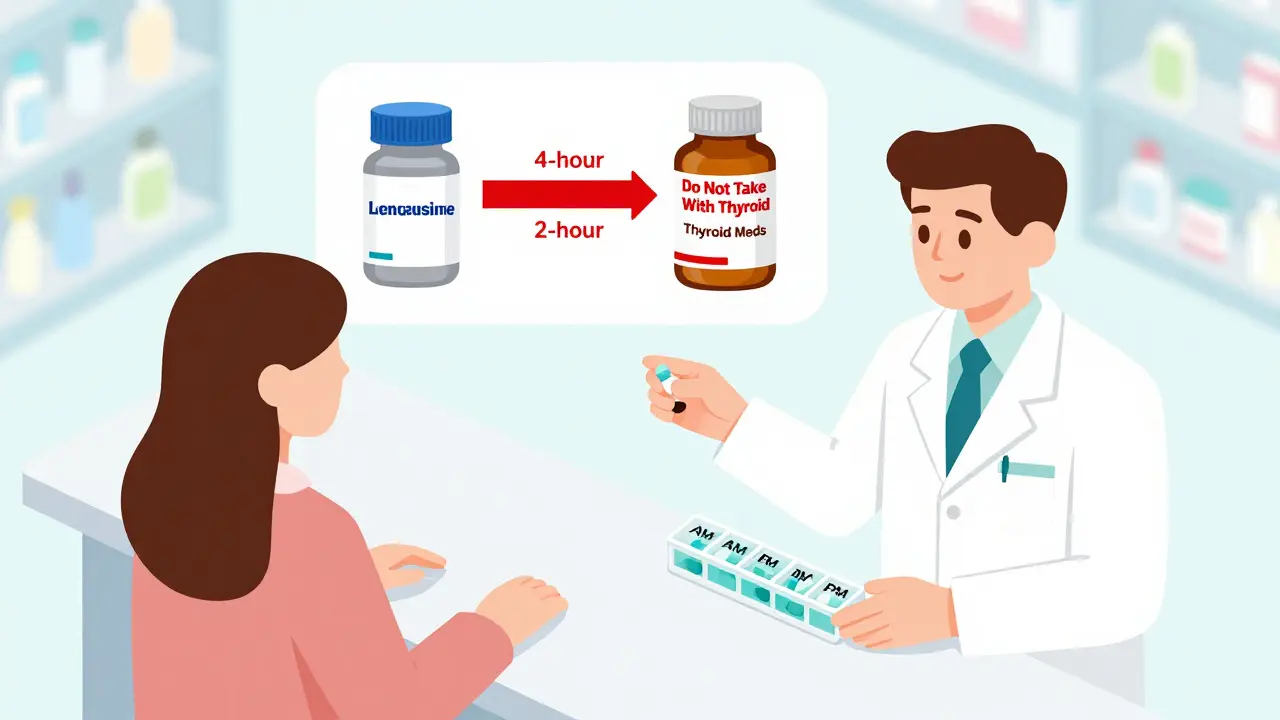 A pharmacist hands a patient a timed pill organizer with warning icons for thyroid meds, magnesium, and antibiotics.
