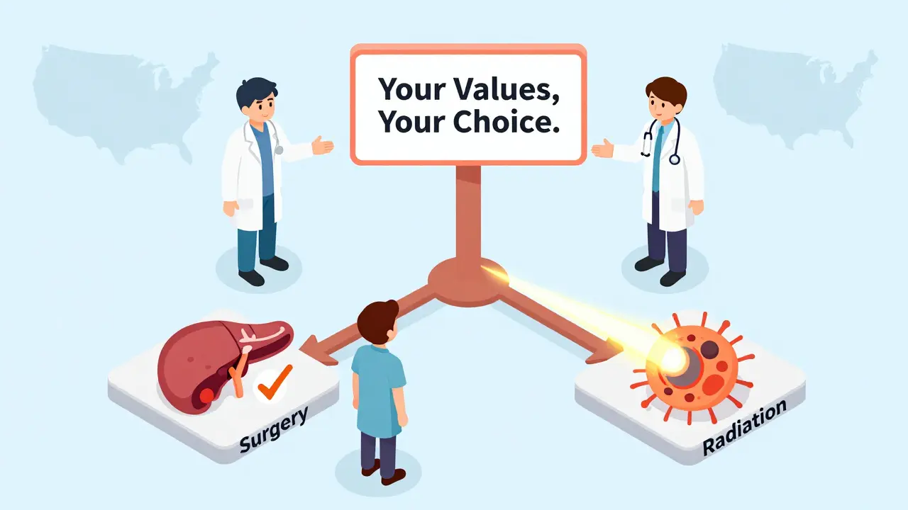 Decision tree illustration showing surgery and radiation paths for cancer treatment with medical icons.