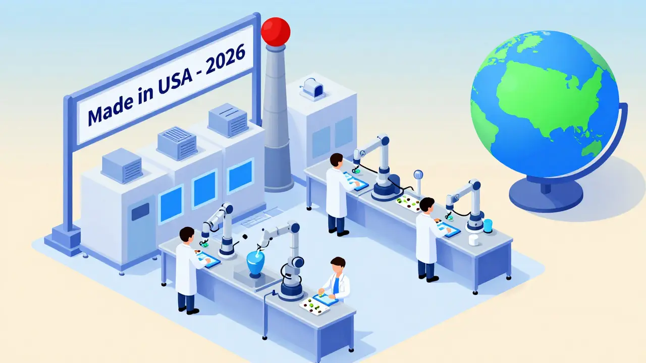 Domestic U.S. drug manufacturing facility with automated production lines and green energy features.