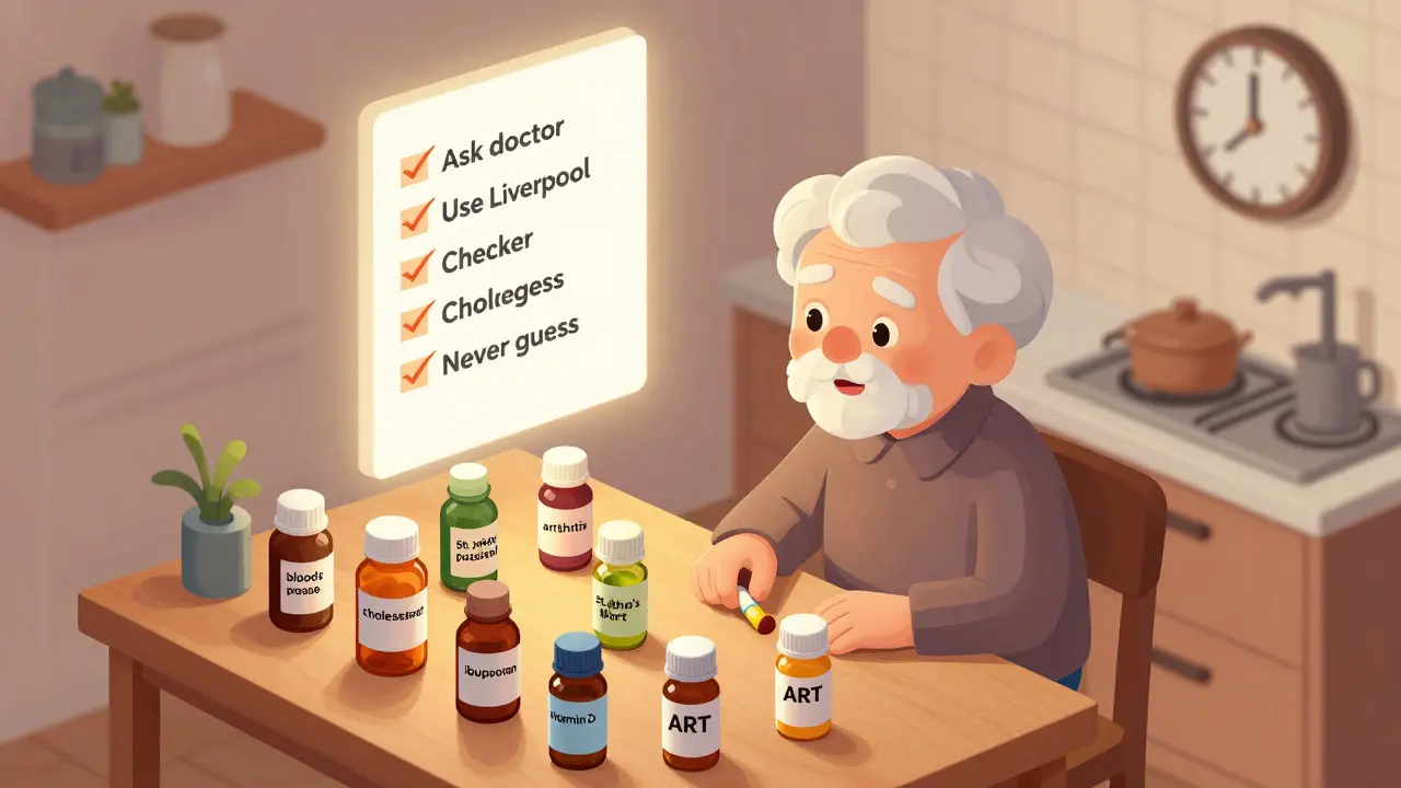 Elderly person surrounded by multiple medication bottles with a checklist for safe HIV drug management.
