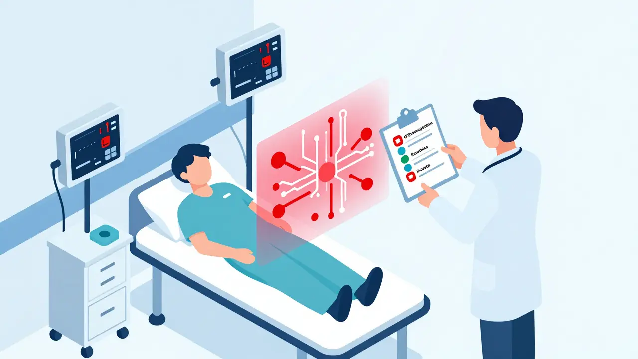 ER scene with monitor showing high blood pressure and warning icons for drug interactions.