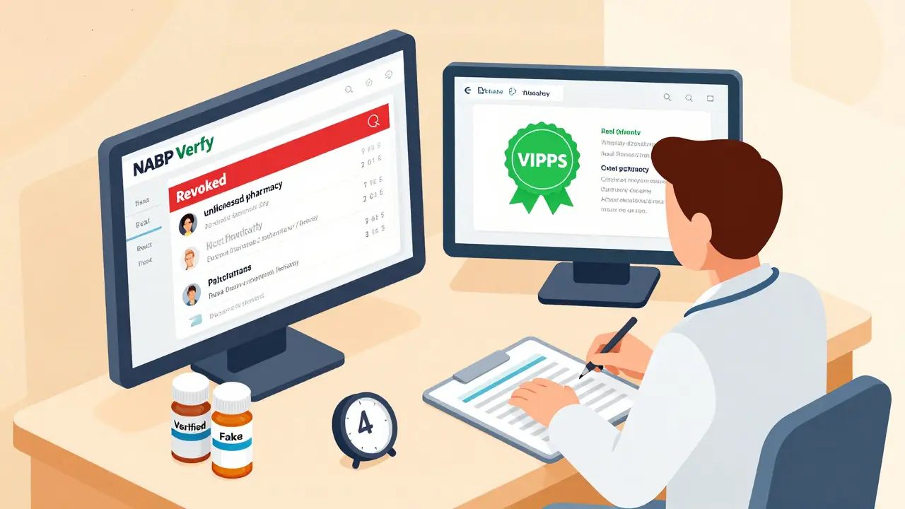 Healthcare worker comparing verified and unverified pharmacy data on dual screens, with VIPPS seal and revoked license indicators.