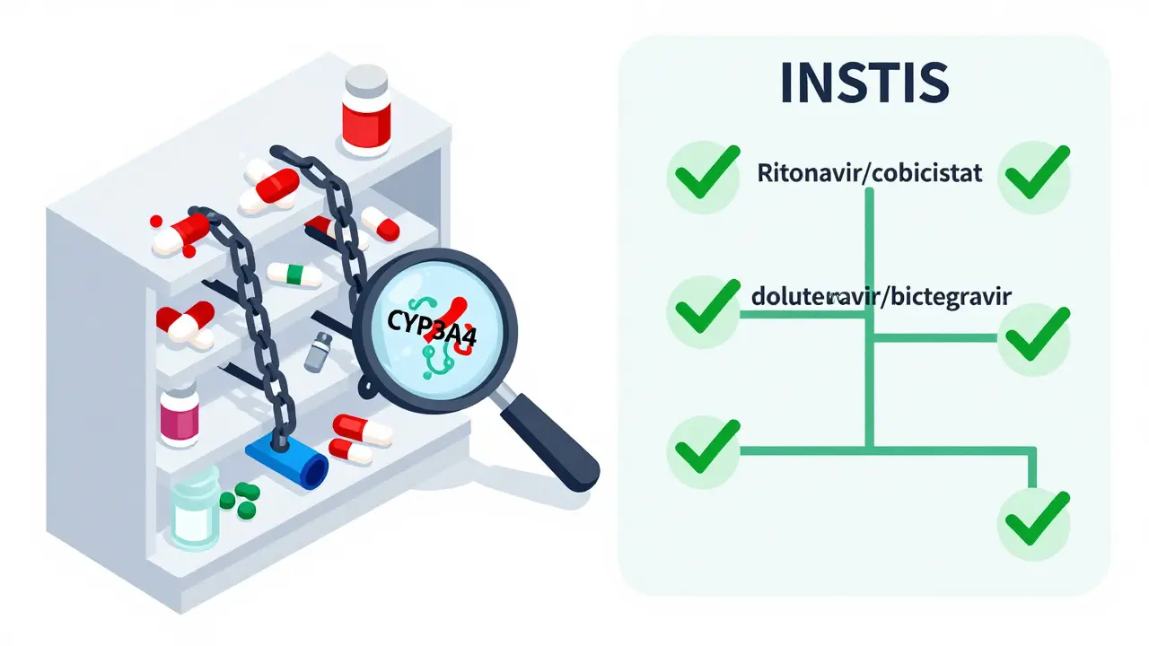 Isometric comparison of high-risk vs. low-risk HIV drug regimens with visual chains and checkmarks.