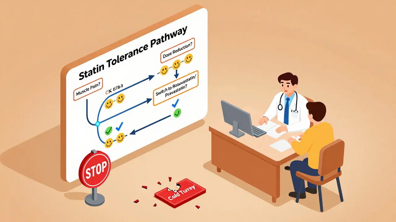 Medical flowchart in isometric style showing steps to manage statin intolerance with positive outcomes.