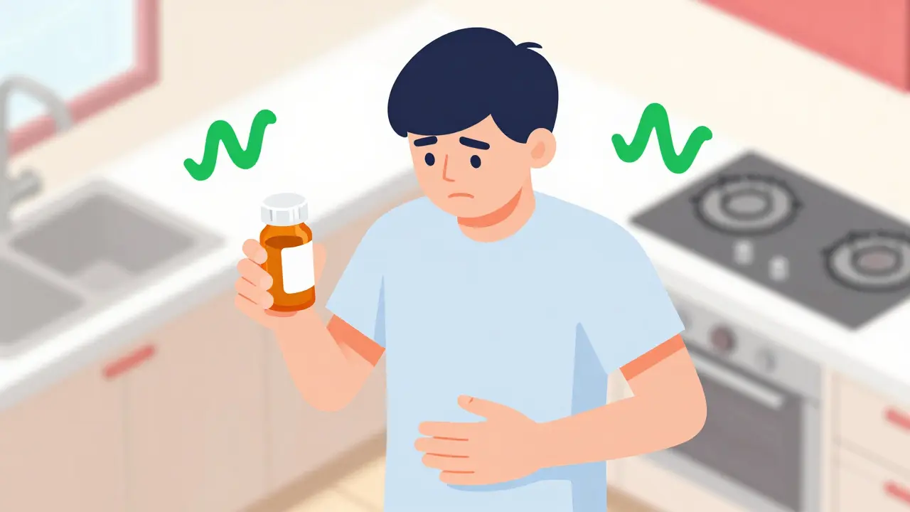 Person clutching stomach with pill bottle and alcohol, green wave symbol