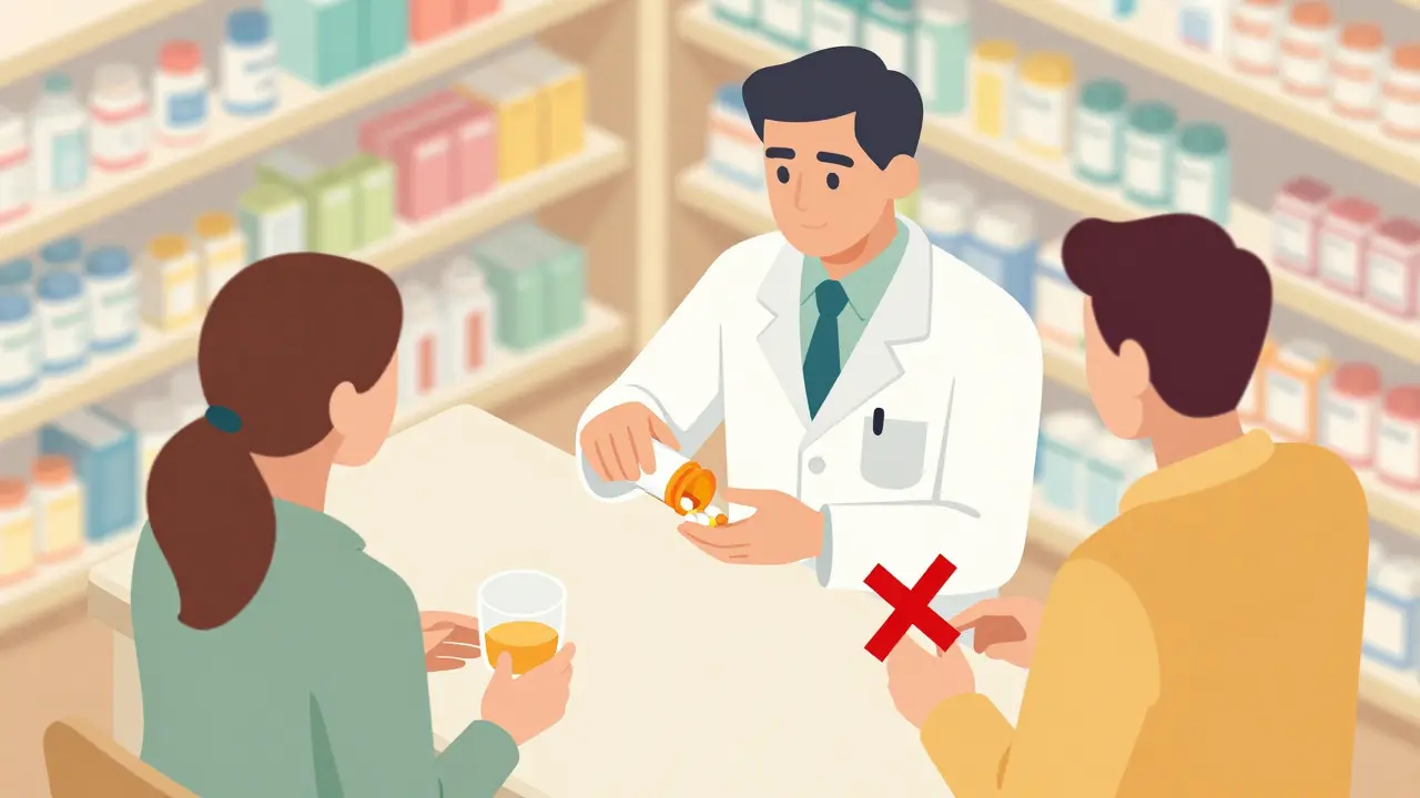 Pharmacist and patient discussing medication safety with alcohol warning symbol