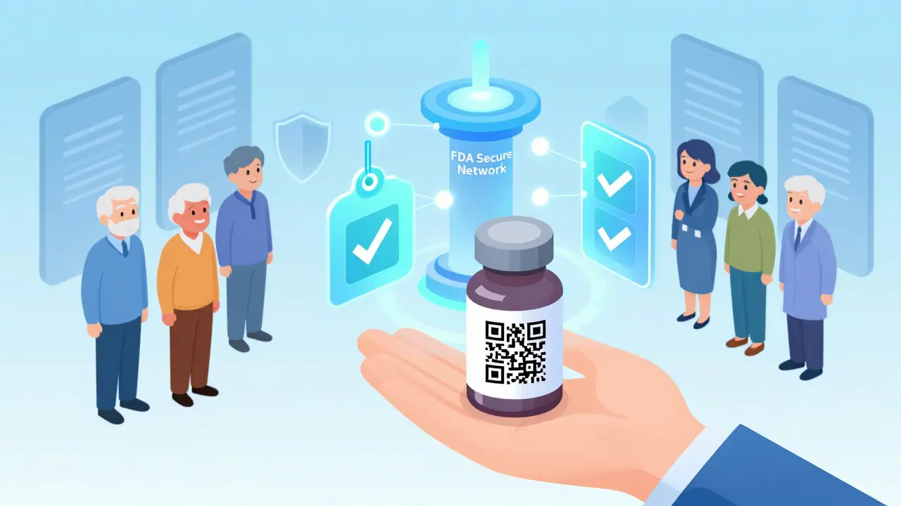 QR code on a pill bottle projects a holographic license tag connected to a blockchain network, protecting patients from fake pharmacies.