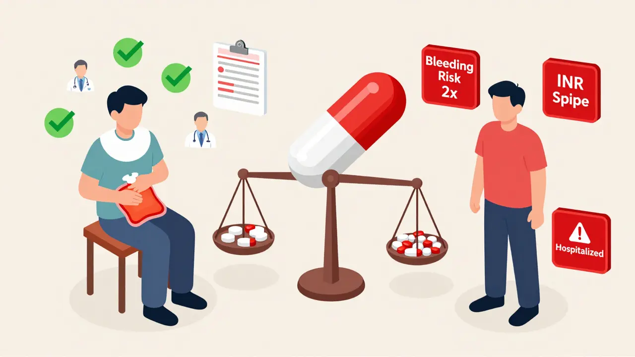 Side-by-side comparison: safe pain relief with patches vs. dangerous NSAID-warfarin combo with warning icons.