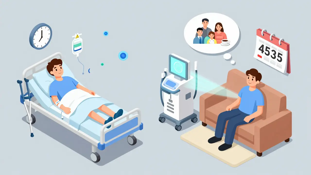 Side-by-side recovery comparison: post-surgery hospital stay vs. daily radiation treatments at home.