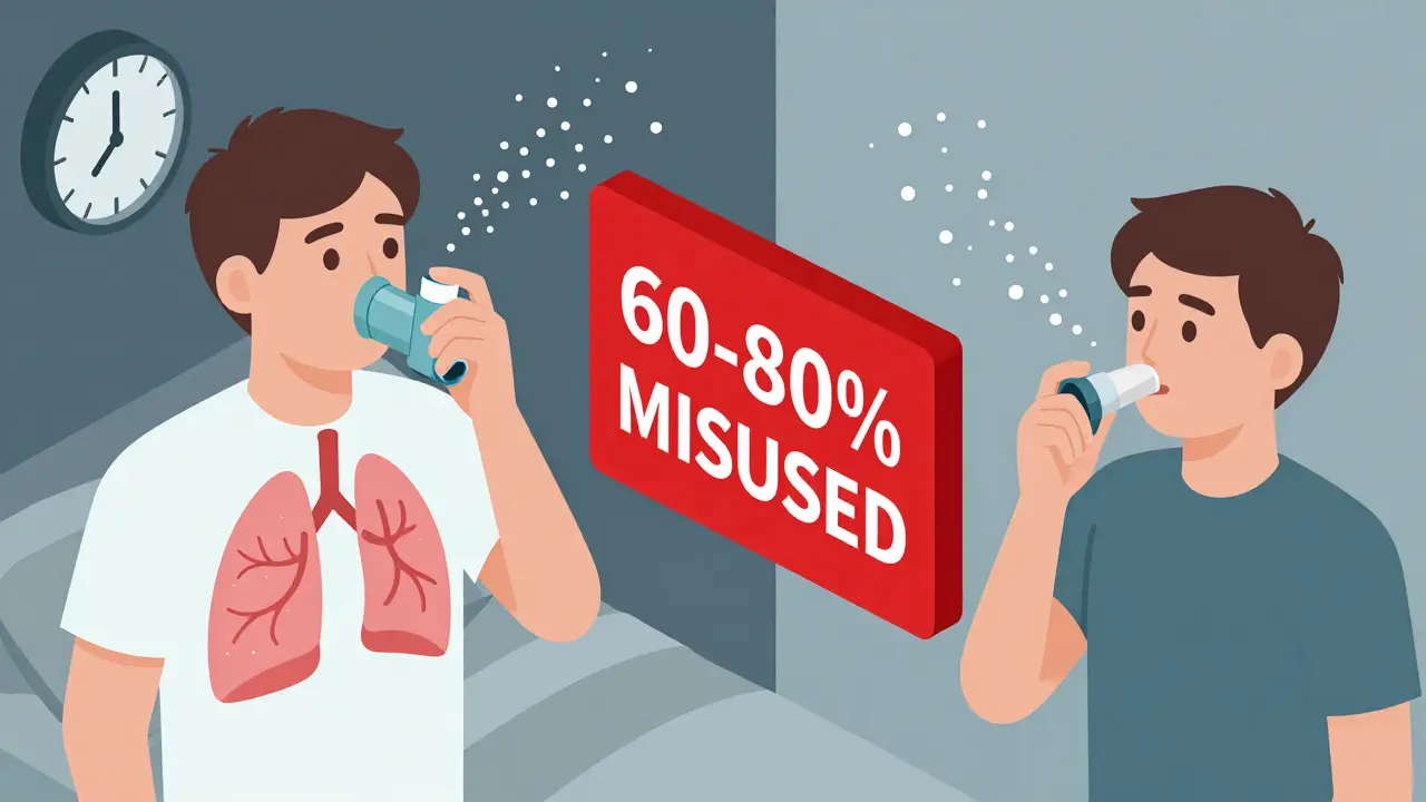 Split scene comparing correct vs incorrect inhaler use with warning sign and nighttime triggers.