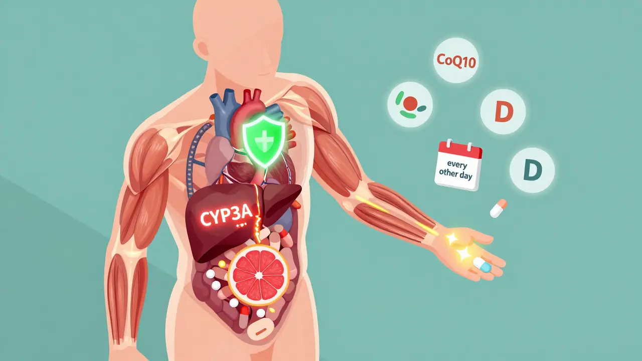 Transparent human body with liver and muscle pathways, showing how rosuvastatin reduces side effects compared to other statins.