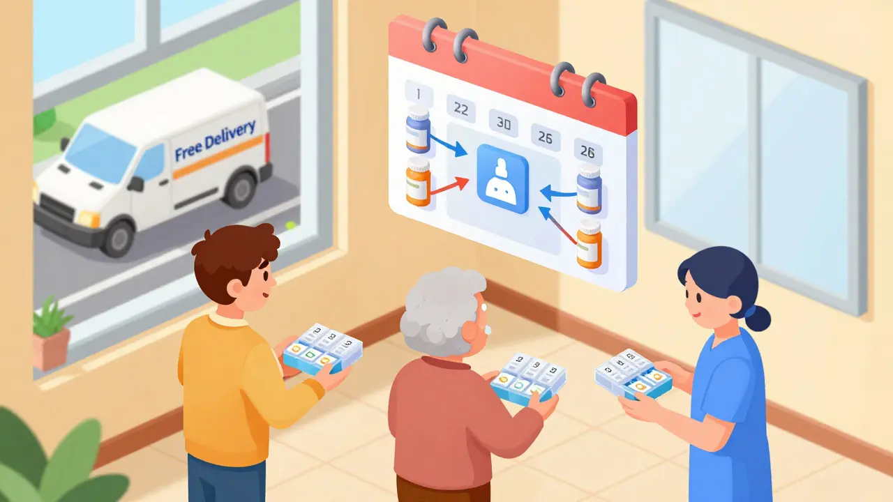 A family and caregiver each hold pill organizers synced to one monthly refill date under a floating calendar.