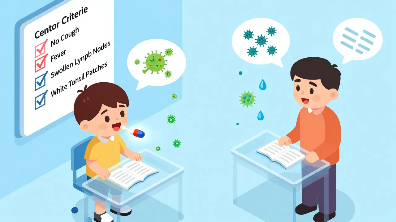 Child and adult separated by floating bacteria droplets, with Centor criteria checklist and antibiotic pill descending in isometric cartoon illustration.