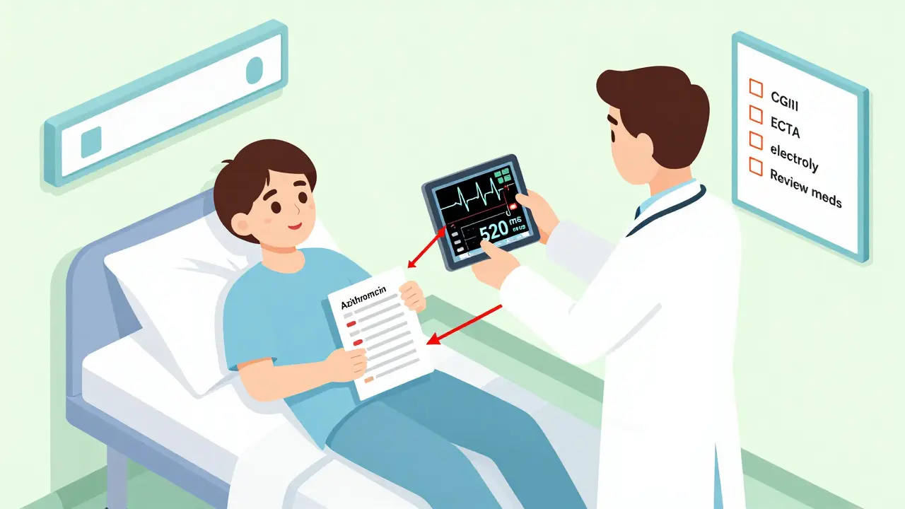 Doctor reviewing ECG monitor with patient and medication list, showing QT prolongation risk factors in an isometric hospital room.