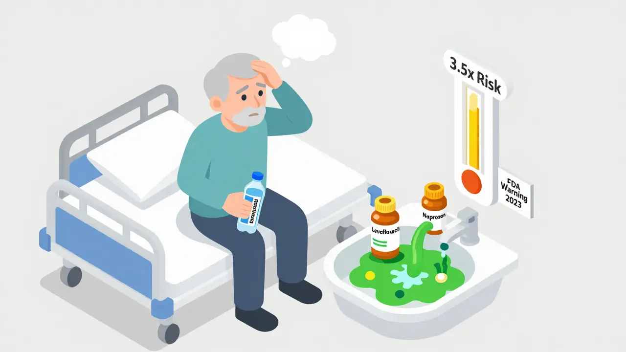 Elderly patient with brain fog and toxic sludge pouring into a kidney from two drug bottles.