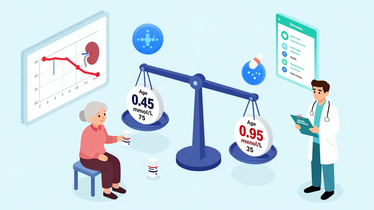 Elderly woman and young man with different lithium blood levels, illustrating age-related dosage differences.
