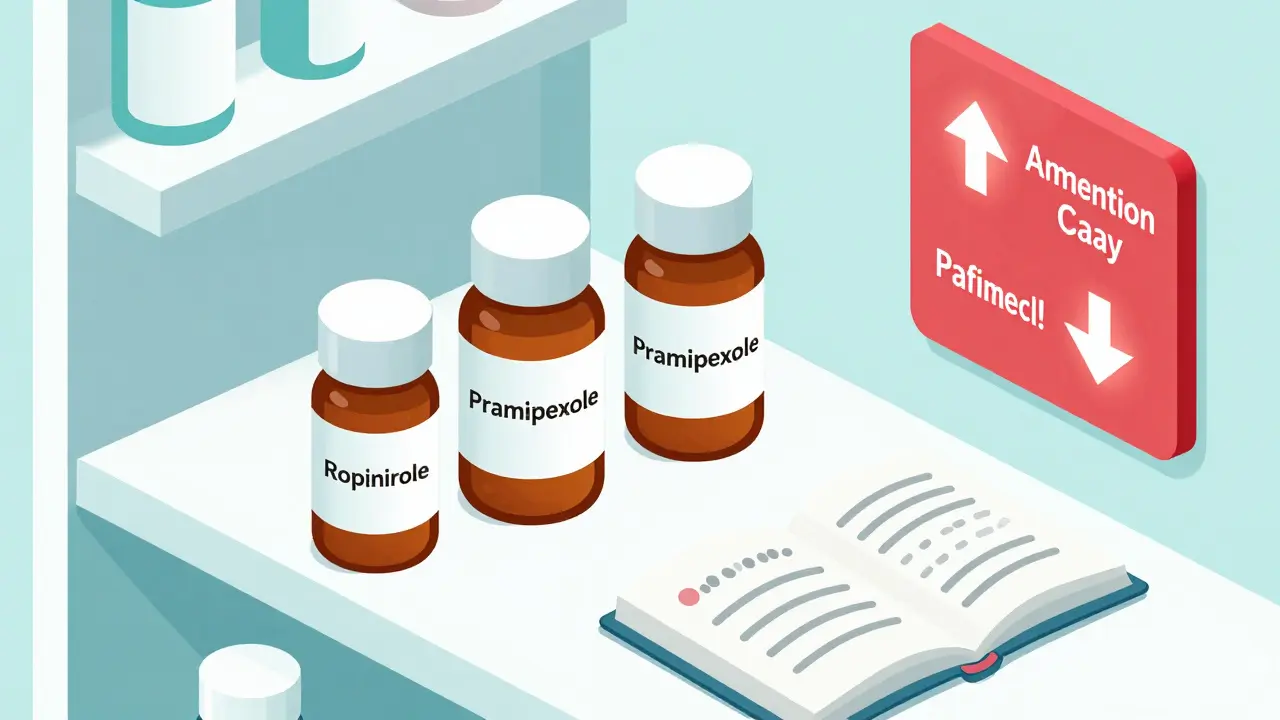 Isometric pharmacy shelf with RLS medications and a warning sign about augmentation, beside a symptom diary.