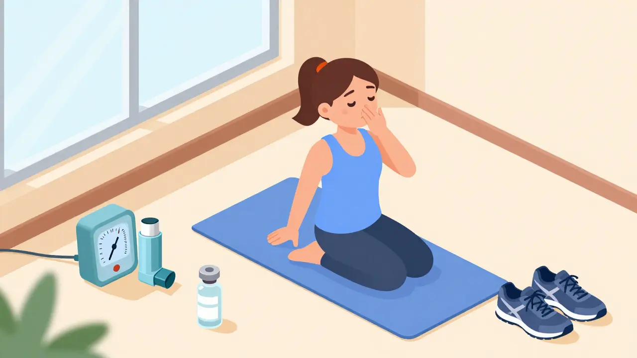 Patient performing breathing exercises with inhaler nearby for respiratory care.