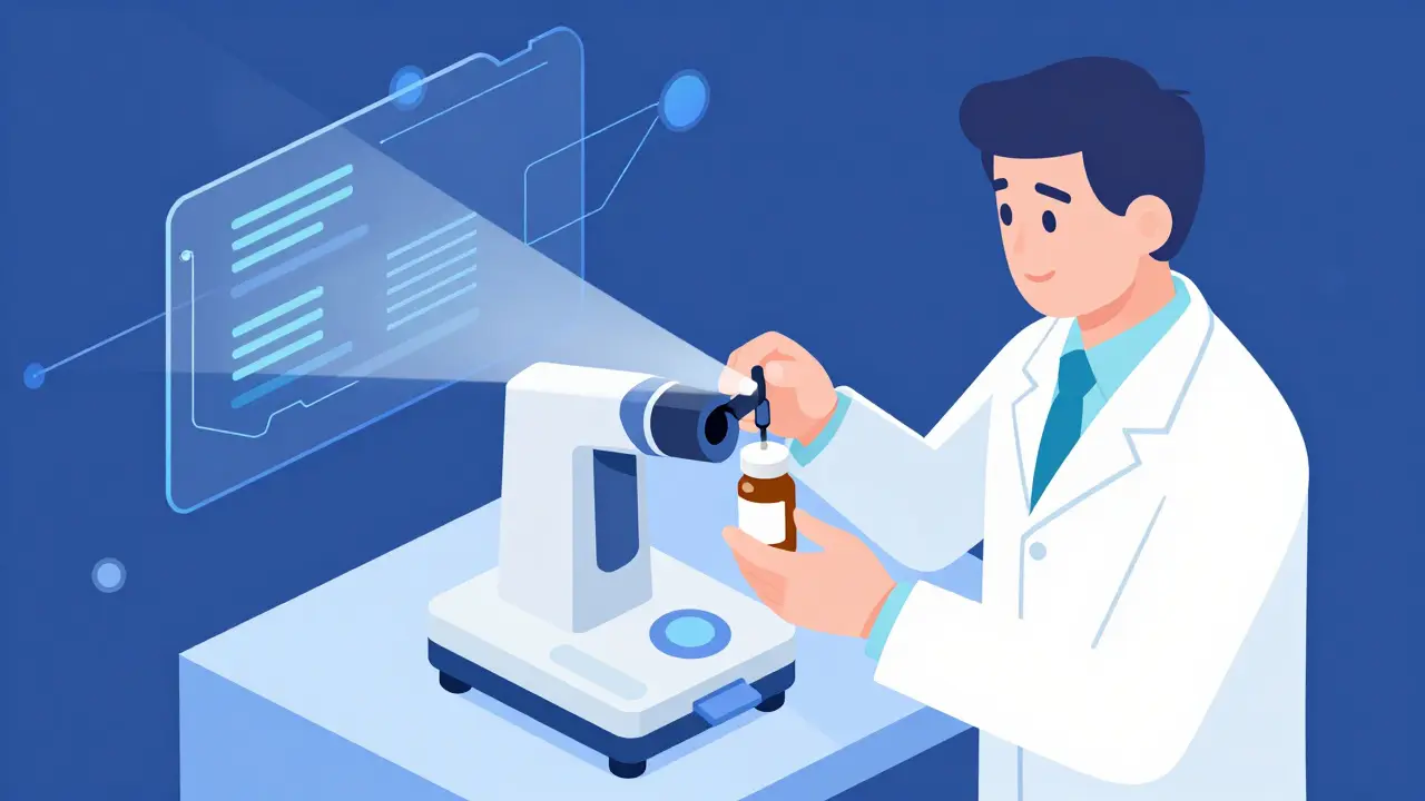 Pharmacist using handheld scanner to verify medication.