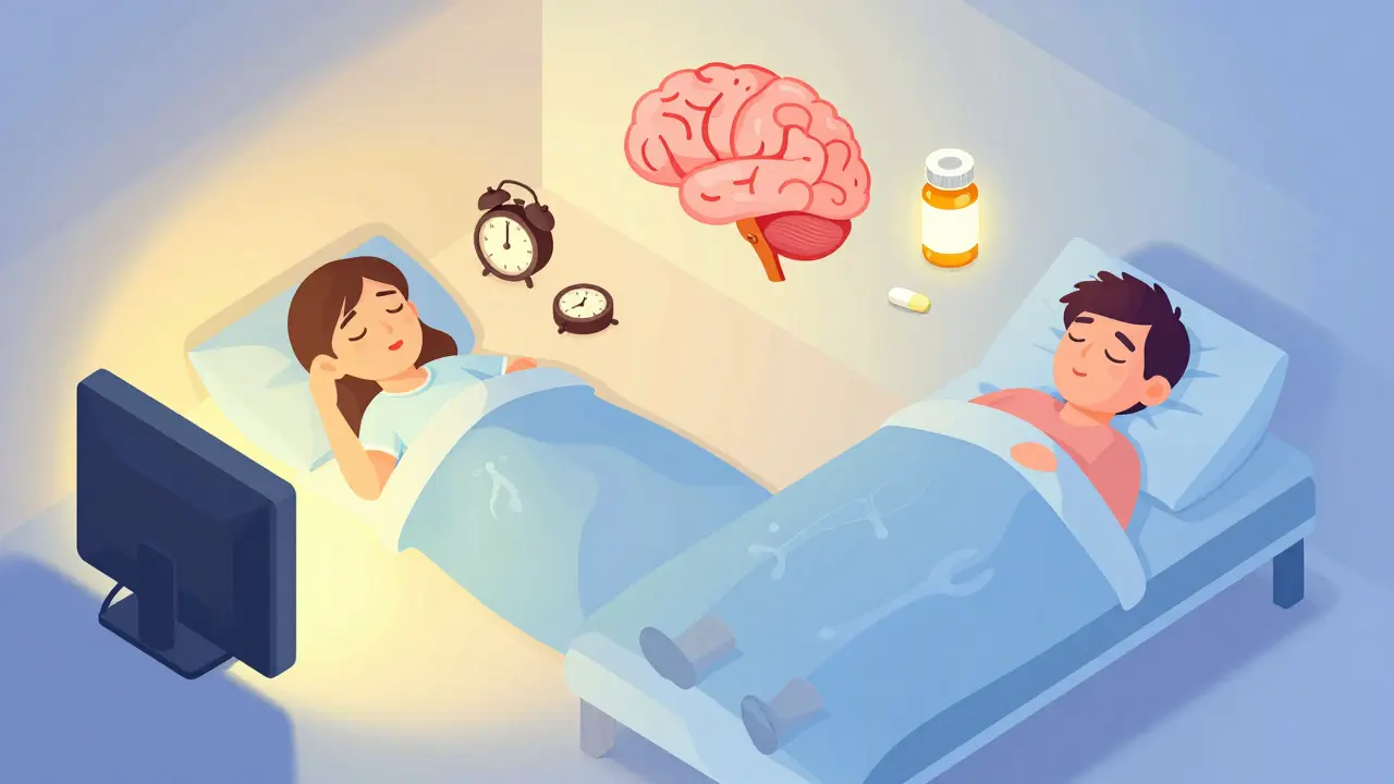 Split scene: one side shows exhausted person with RLS, other side shows peaceful sleep with iron and pregabalin nearby.