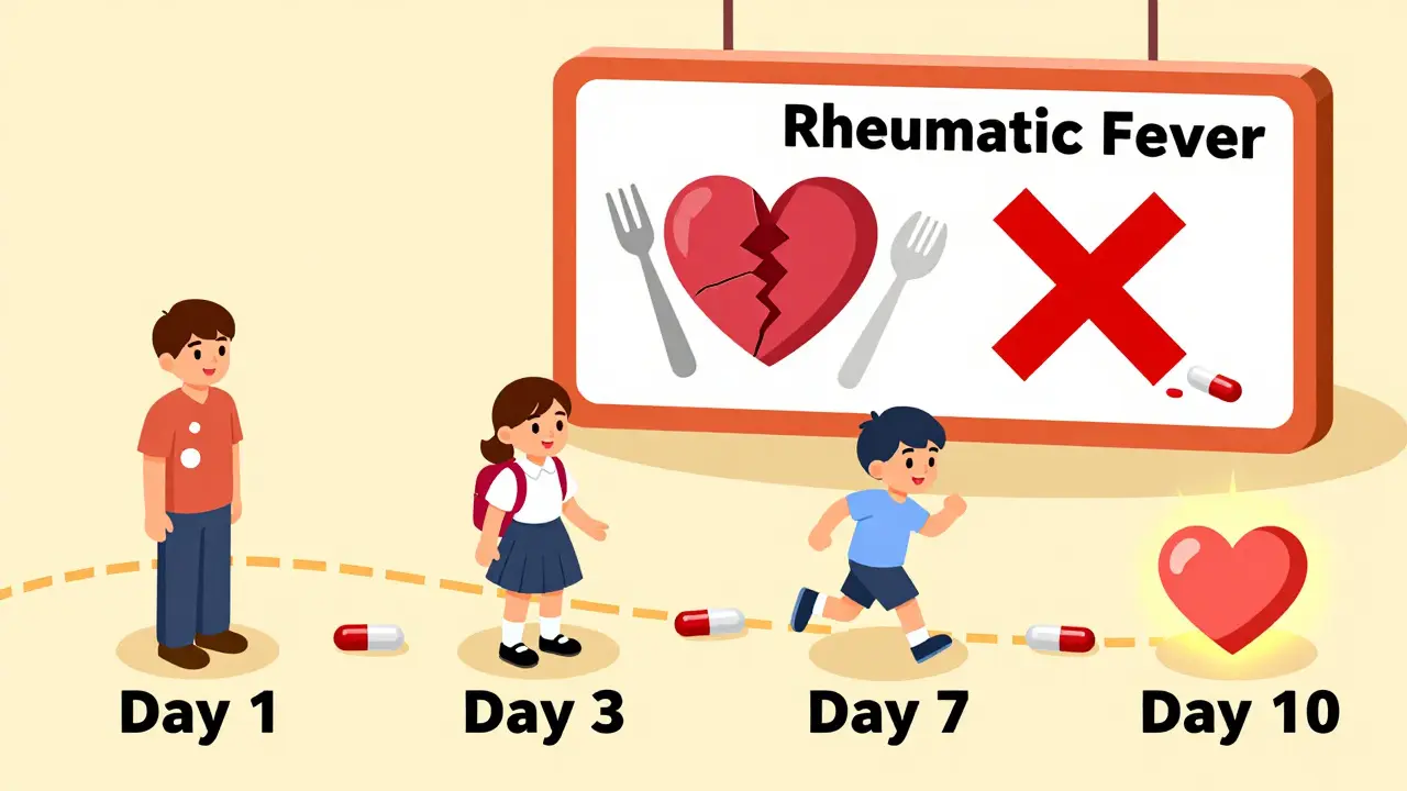 Timeline of strep recovery from day 1 to day 10 with penicillin path and warning signs against misuse in isometric cartoon style.
